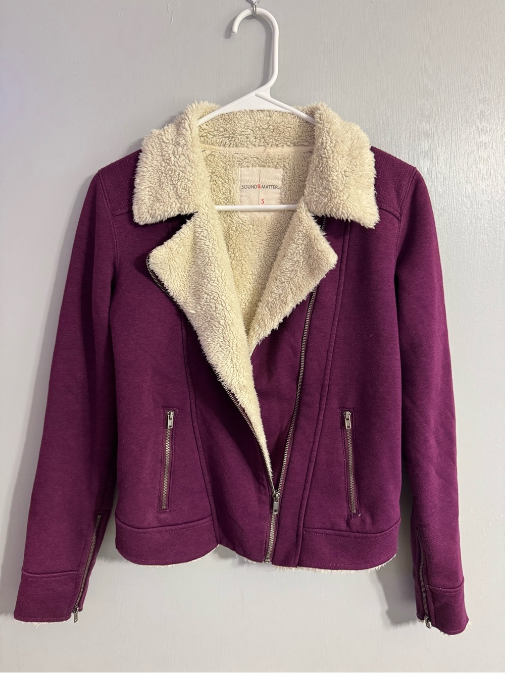 Sound & Matter Plum Purple Moto Jacket with Cream Sherpa Lining Size Small